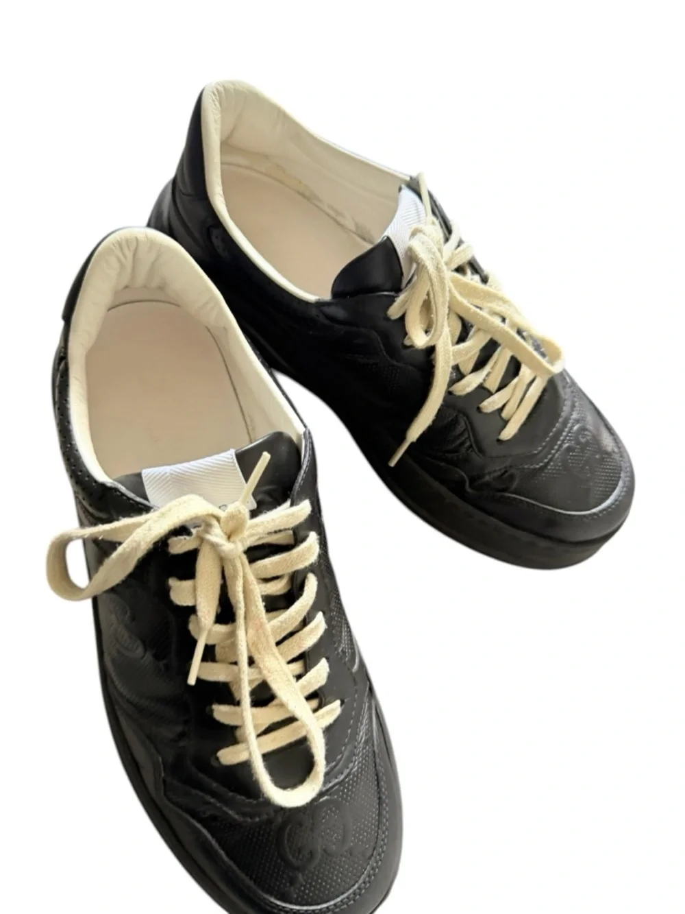 Gucci Embossed Black Leather Chunky Sneakers with Cream Laces